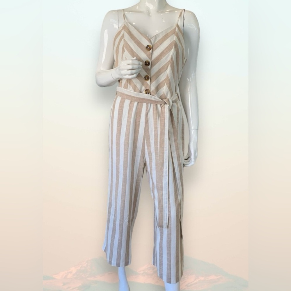 Kensie Beige and White Striped Jumpsuit